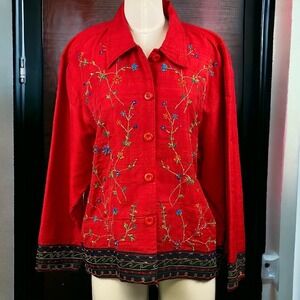 Life Style Embroidered Floral Top or Jacket Button Down‎ Size M Silk Blend